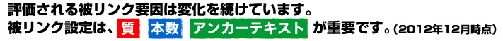 評価される被リンク要因は変化を続けています。被リンク設定は、質・本数・アンカーテキストが重要です